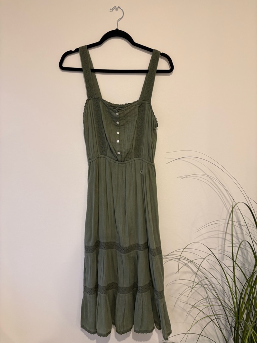 aerie Olive Green Sleeveless Midi Dress with Button Bodice